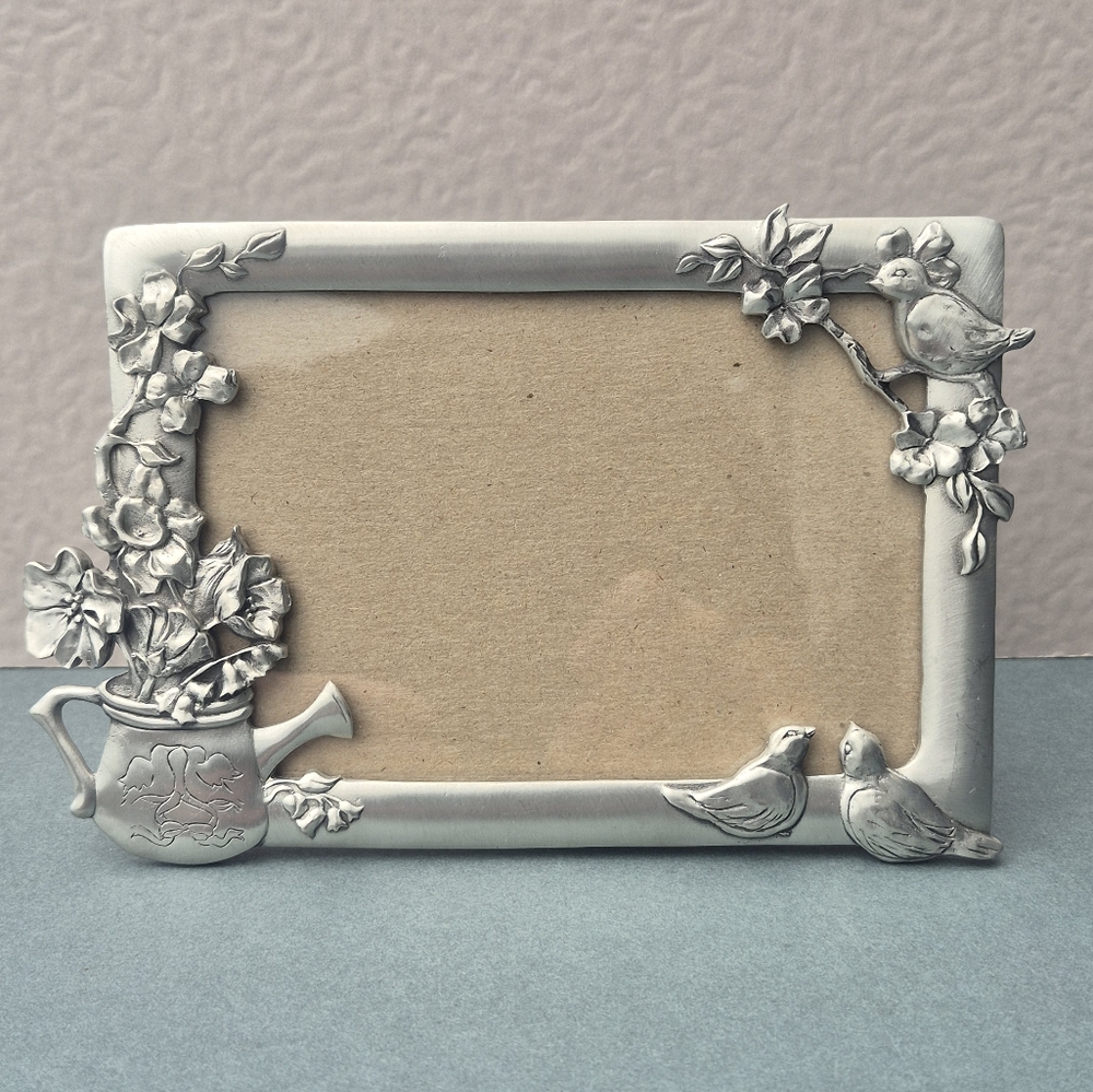 Vintage Pewter Floral Garden Bird Themed Picture Frame -Garden, Cottage, Country
